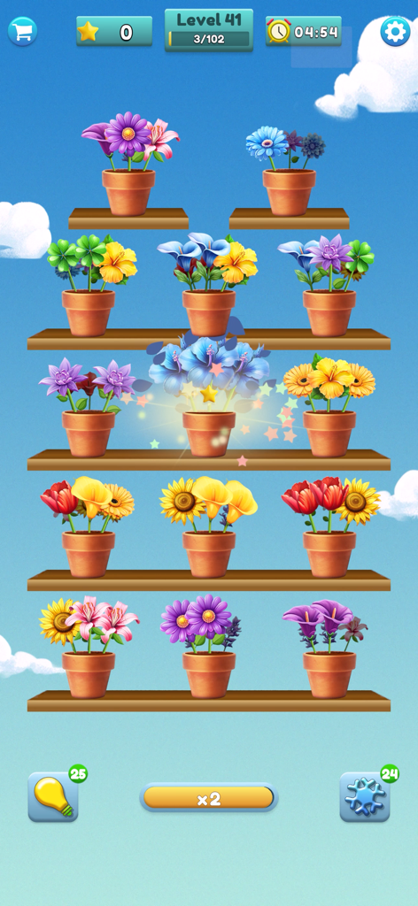 Flower Matching Game - Pantalla de juego de Flower Matching Game con coloridas macetas florales en estantes de madera contra un cielo azul.
