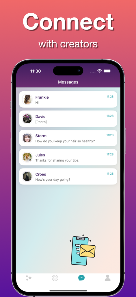 Nioo - Interface de mensagens do aplicativo Nioo mostrando uma lista de chats com criadores de cabelo e estilistas