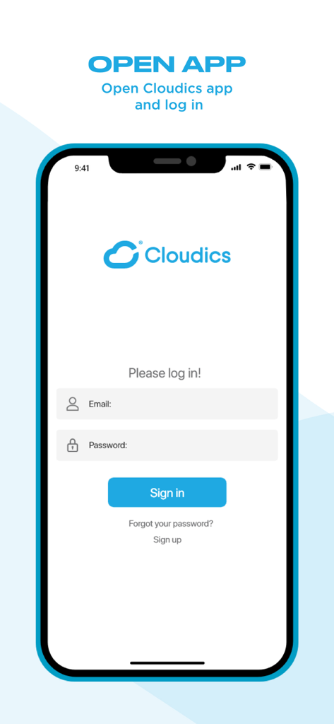 Cloudics - Cloudicsモバイルアプリケーションのログイン画面、メールアドレスとパスワードフィールド付き