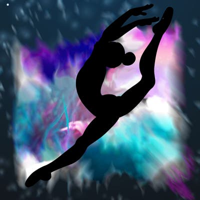 gymnast doing a leap in a leotard with a bent back leg