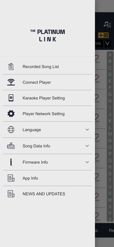 Sidebar navigation menu of the PlatinumLink karaoke companion app showing player settings and connection options.