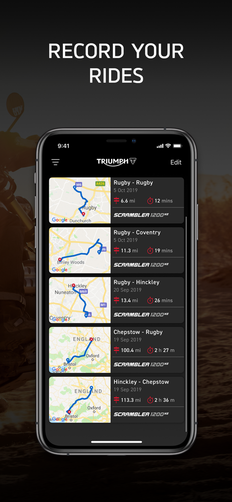 My Triumph - Smartphone screen showing the My Triumph app ride history with route maps and travel statistics