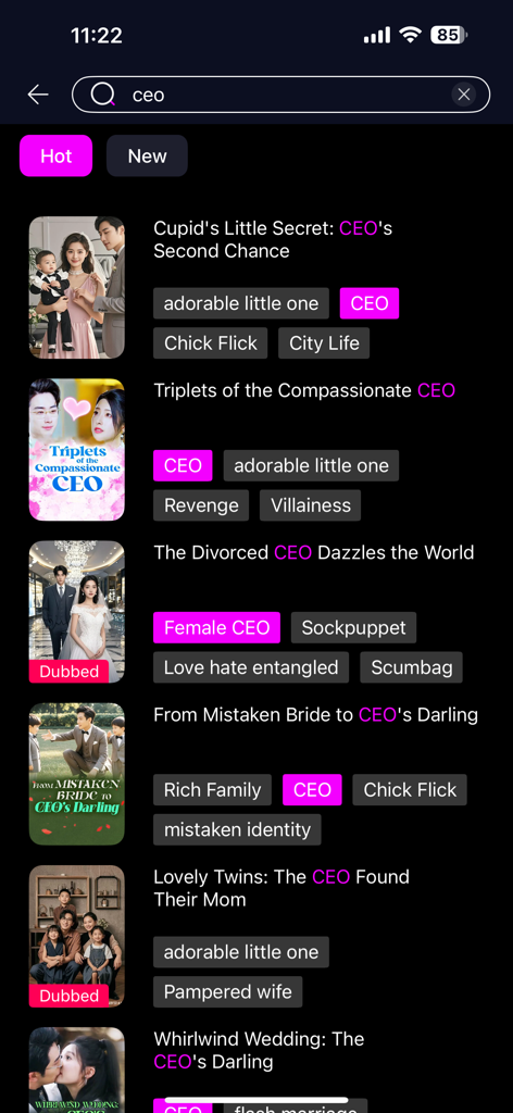 Resultados de búsqueda de dramas cortos de romance con temática de CEO en la aplicación YuzuDrama