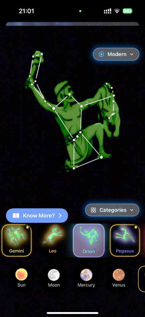 Skymap: Constellation Finder - Interfaz de la aplicación Skymap que muestra la constelación de Orión con una ilustración de cazador y un menú de navegación planetaria.