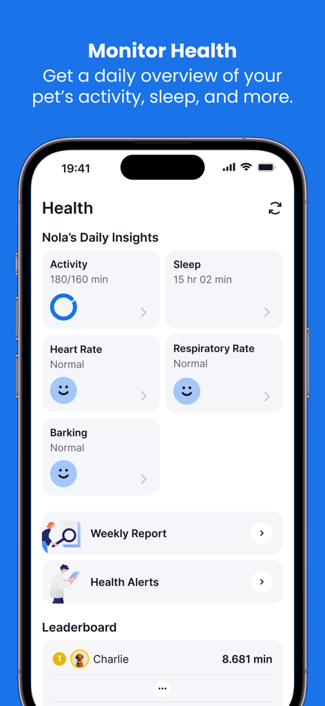 Tractive GPS for Dogs and Cats - Tractive GPS app health dashboard showing pet activity metrics sleep duration heart rate and respiratory status monitoring