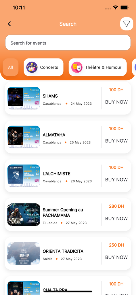 Ticket.ma - Écran des résultats de recherche de l'application Ticket.ma montrant une liste d'événements culturels à venir au Maroc, y compris le théâtre et les concerts, avec les prix.