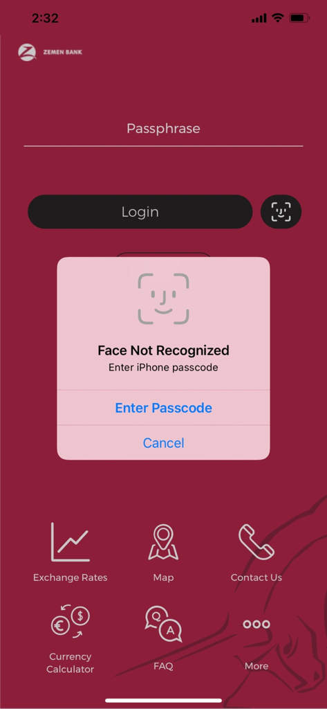 Zemen Mobile Banking - Zemen Mobile Banking app login screen showing a biometric face identification prompt for secure access.