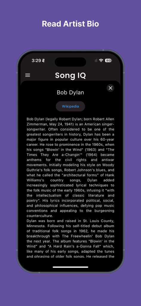 Song IQ - Artist biography screen in the Song IQ app featuring a career summary of Bob Dylan.