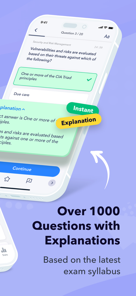 ISC2 certification exam prep app showing practice questions and explanations