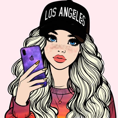realistic beautiful girl wearing los ángeles cap holding an iphone