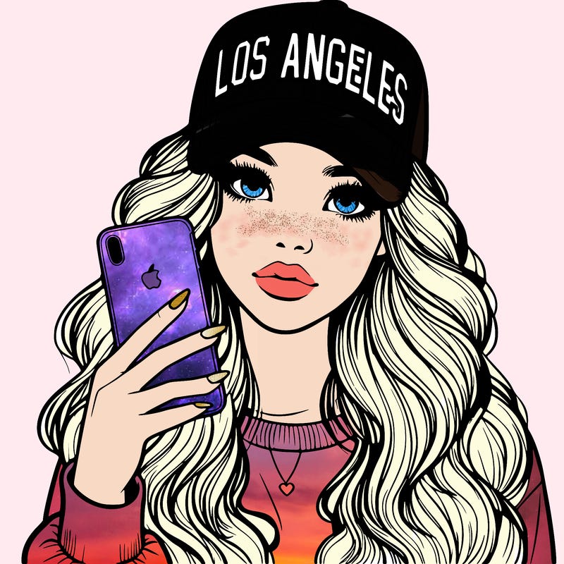 realistic beautiful girl wearing los ángeles cap holding an iphone