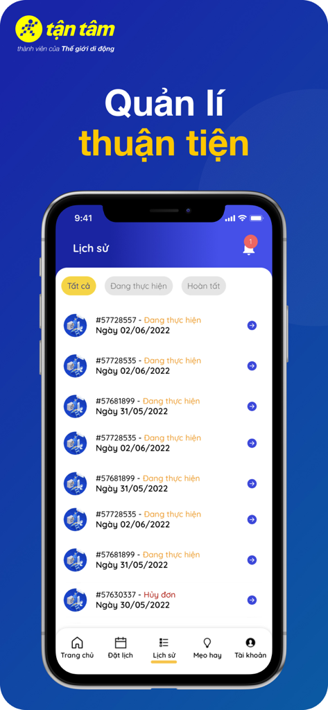 Service history screen of the Tho Tan Tam home maintenance app.