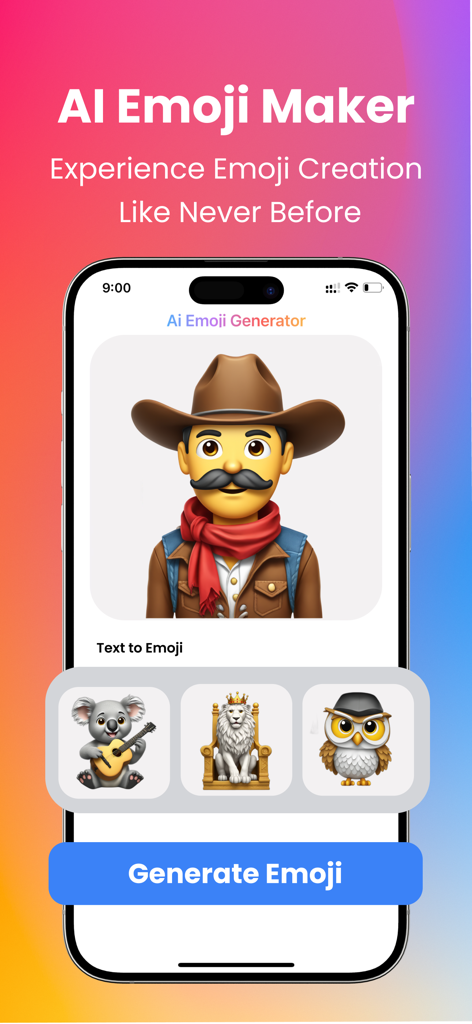 Interface of AI Emoji Maker app showing a custom generated cowboy emoji and animal icons like a koala and lion