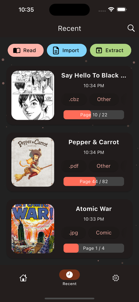 bloopworm - comic book reader - Interfaz de la aplicación bloopworm que muestra una lista de cómics y manga leídos recientemente con tipos de archivo y barras de progreso.