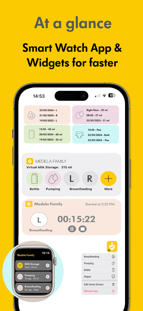 Medela Family - Breast Feeding - Medela Family app showing home screen widgets and Apple Watch interface for tracking breastfeeding and pumping data