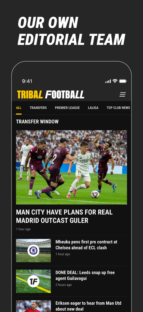 Tribal Football mobile app interface showing transfer window news and editorial articles about European football clubs