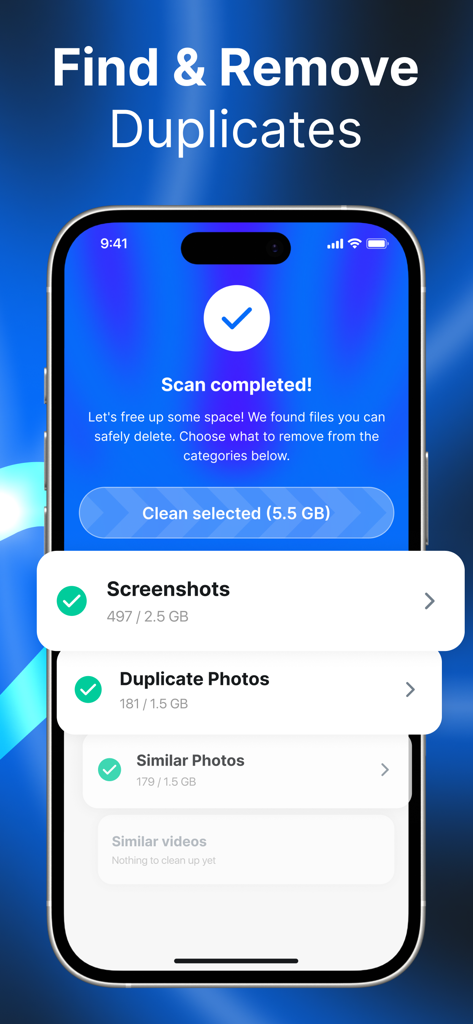 SkyCleaner: Safe & Clean - SkyCleaner app interface showing scan results for duplicate photos and screenshots to free up storage space.