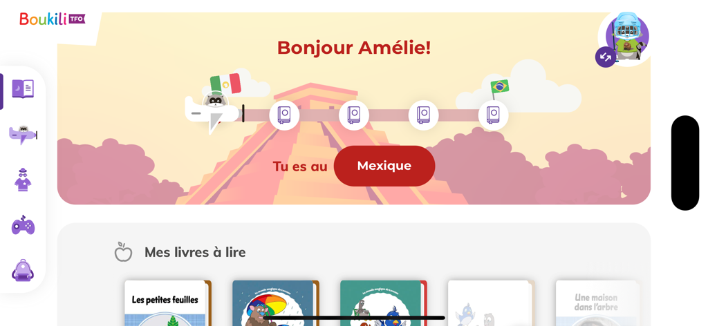 Boukili - Boukili app dashboard showing a child reading progress and French book selection