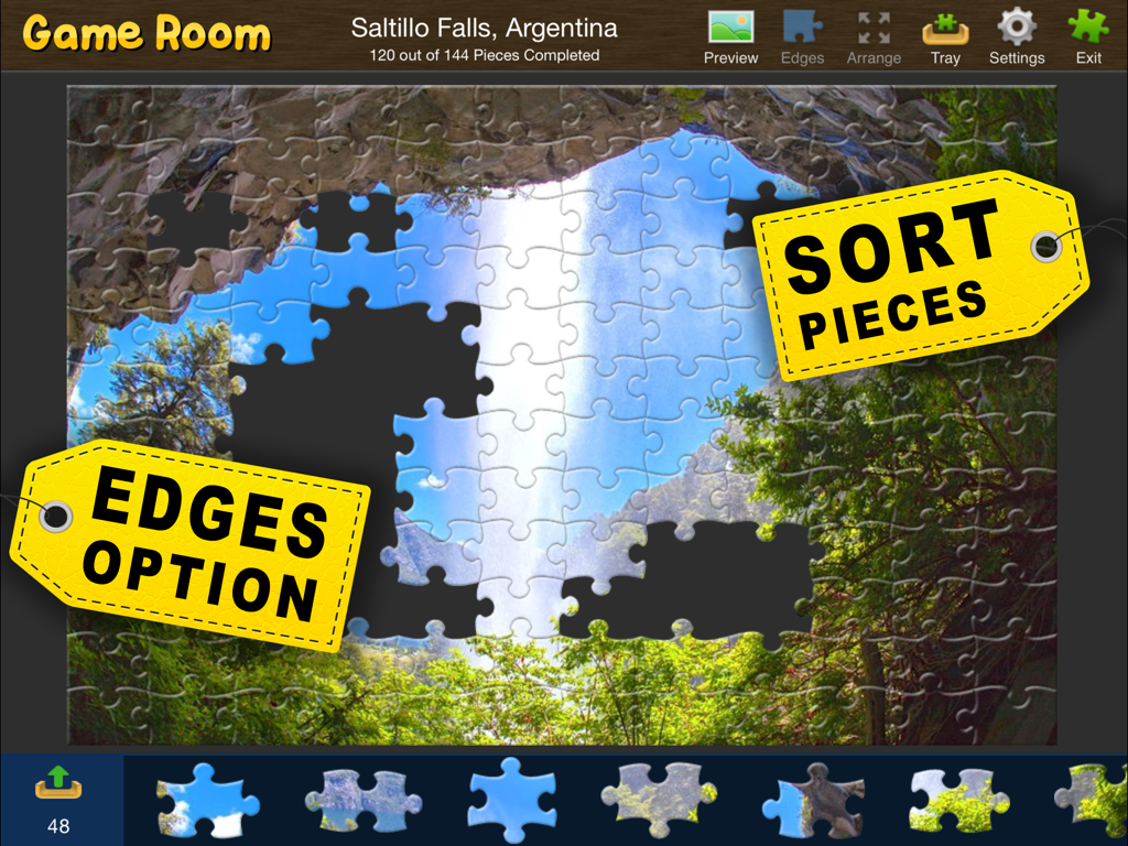 Jigsaw Box Puzzles - Jigsaw Box Puzzles game screen showing a waterfall landscape puzzle with options to sort pieces and filter edges.