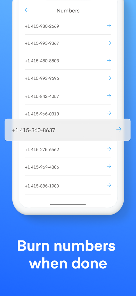 Text Vault - Texting App - Text Vault app showing a list of private burner phone numbers for secure texting with a caption about burning numbers