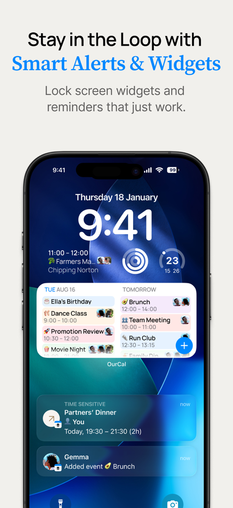 OurCal: Group Calendar Share - iPhone lock screen displaying OurCal shared calendar widgets and smart event notifications