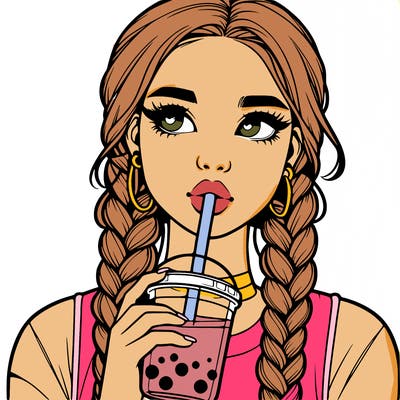 realistic girl with braided hair drinking boba