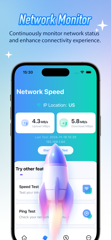 Dolphin Clean - Smart Cleaner - Dolphin Clean アプリのネットワークモニター画面。ネットワーク速度の結果とスピードテストボタンが表示されています。