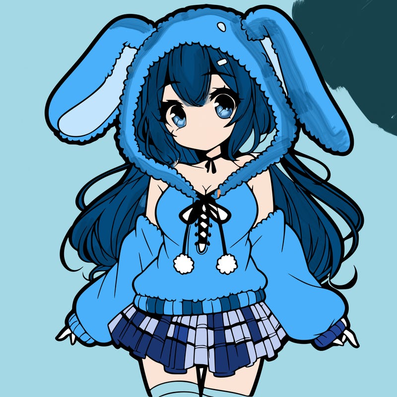 pretty anime girl wearing a fluffy hoodie with bunny ears on the hood and a skirt