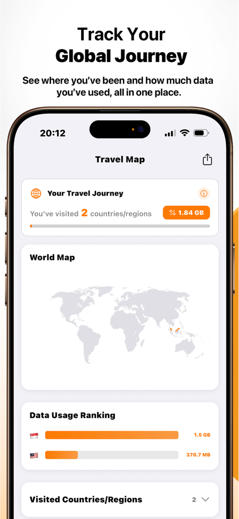 Yoho eSIM: AI Travel Data/Call - Yoho eSIM app interface displaying a world map and global data usage statistics for international travel
