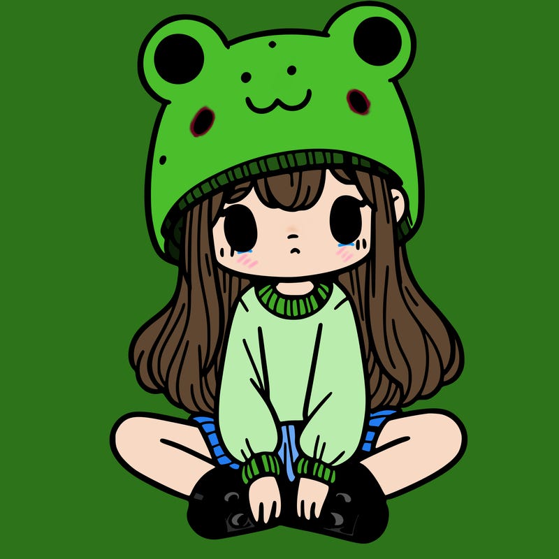 a girl wearing a frog hat and some frog socks
