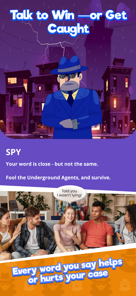 Friends playing Uncover Lies social deduction game with a spy theme