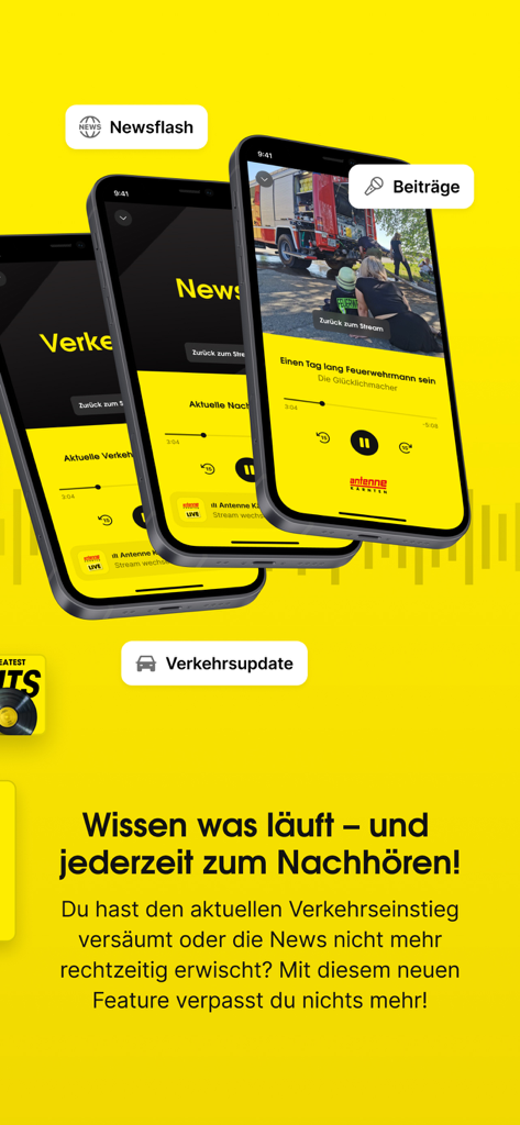Mobile App-Oberfläche von Antenne Kärnten mit Nachrichten- und Verkehrsmeldungen auf gelbem Hintergrund