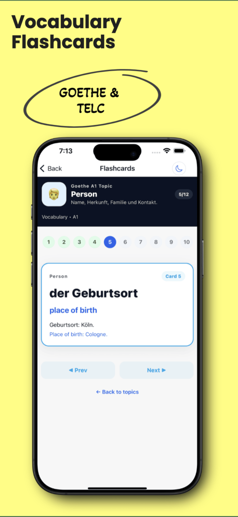 German A1 Exam: Goethe & telc - German A1 Exam app interface showing vocabulary flashcards for Goethe and telc preparation with the word der Geburtsort