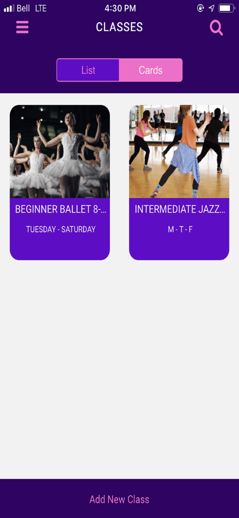 Dakiki - by DanceComp Genie - Dakiki app interface displaying dance class schedules for ballet and jazz