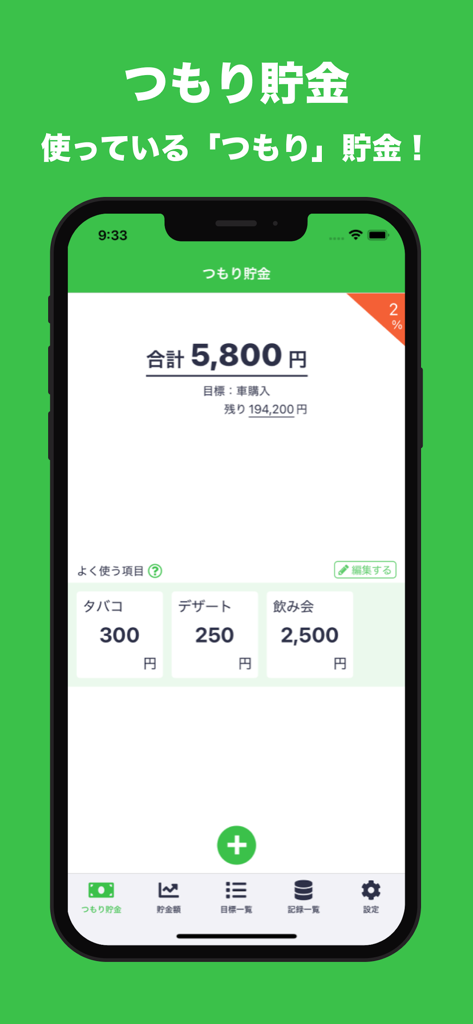 つもり貯金 | 目標や計画を設定して貯金を管理！ - 車の購入目標と5800円の貯金額が表示された、As-If Savingsアプリのダッシュボード。