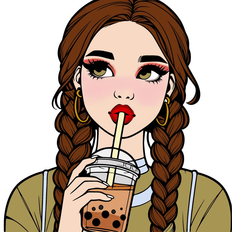 realistic girl with braided hair drinking boba