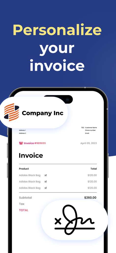 Mobile screen showing a personalized professional invoice with a digital signature