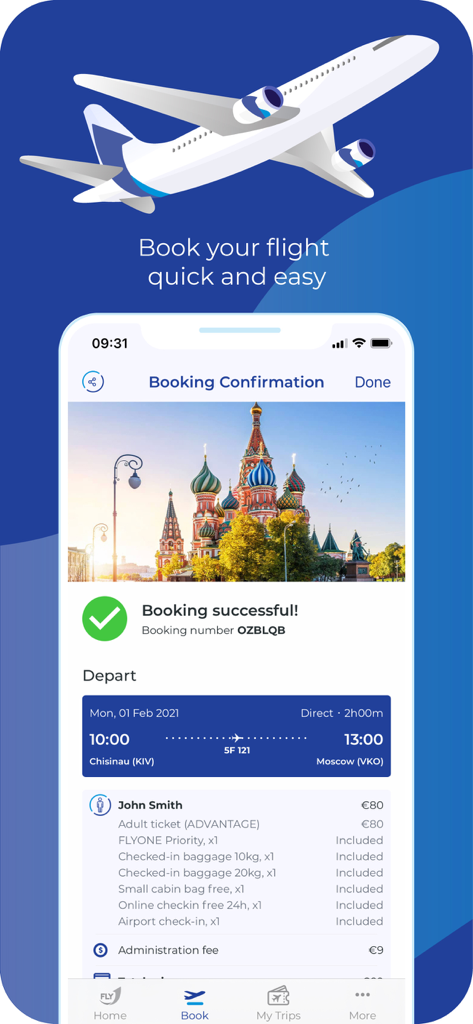 FLYONE - A smartphone screen from the FLYONE app displaying a successful flight booking confirmation from Chisinau to Moscow with passenger details and a green checkmark.