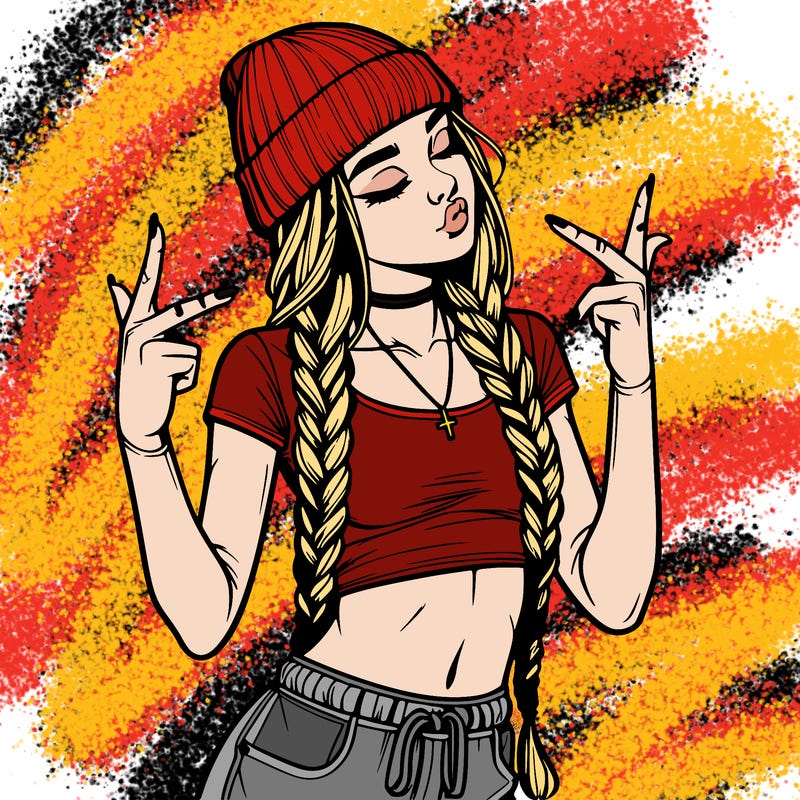 realistic teenage girl with braids and a beanie and crop top doing 🫶🏼