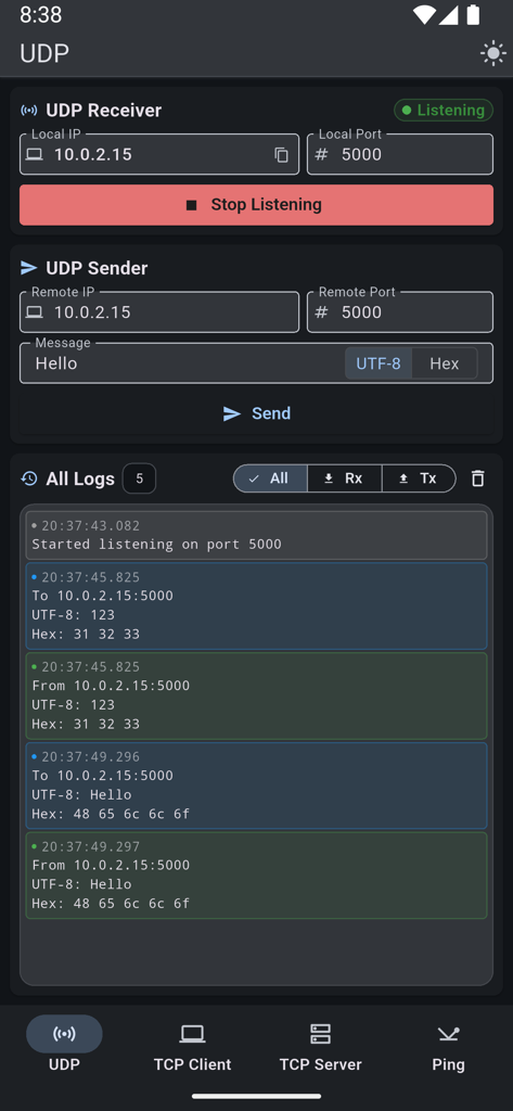UDP Sender and Receiver app interface displaying network traffic logs and configuration