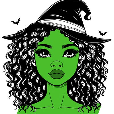 realistic black girl with wavy hair and witch hat and nose and lips