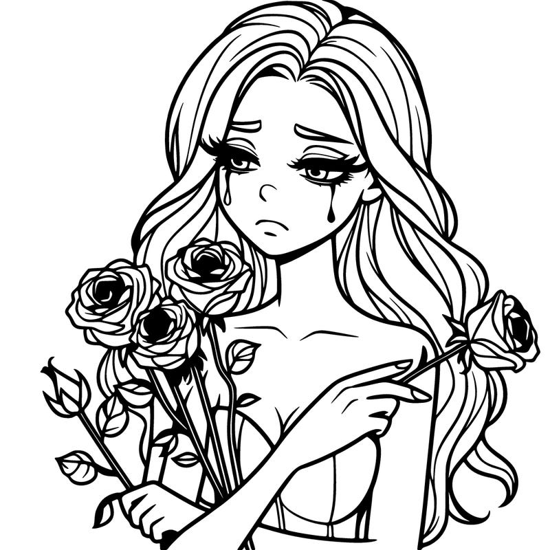 a beautiful woman who is sad while holding dead roses