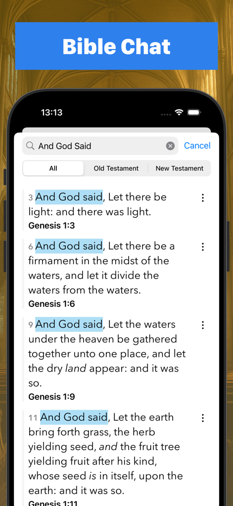 HOLY BIBLE - Any Version - Interfaz de aplicación móvil que muestra resultados de búsqueda de versículos bíblicos de Génesis.