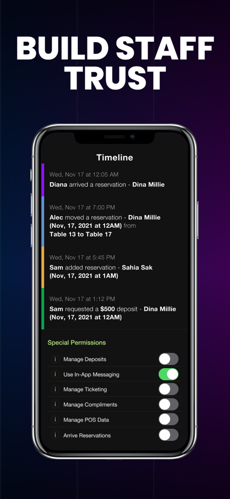 A mobile app interface showing a timeline of staff actions and special permissions for a nightclub management system