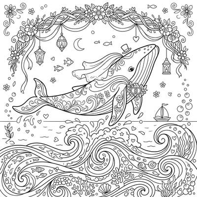 Celebrate love in the deep blue with this enchanting whale breaching wedding coloring page. Immerse yourself in a whimsical marine scene featuring a majestic whale in full wedding regalia, surrounded by intricate floral arches and ocean life.