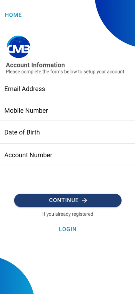 CMB Mobile App - Pantalla de registro de cuenta para CMB Mobile App que muestra campos de información personal