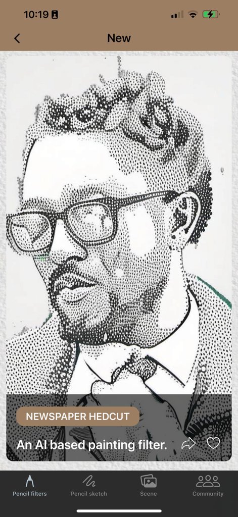 A portrait of a man with glasses processed with the newspaper hedcut AI filter in the Graphite app.
