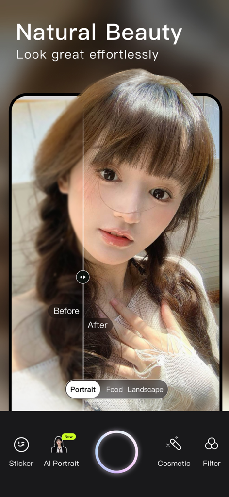 Interface de l'application Wuta Camera montrant une fonction d'amélioration de la beauté naturelle avec une comparaison avant-après sur un portrait.
