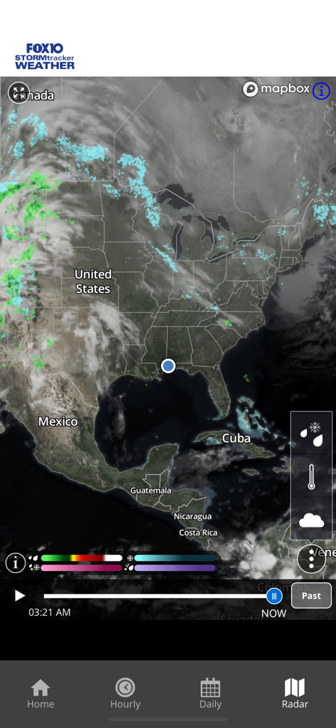 FOX10 Weather Mobile Alabama - FOX10 Weather app radar map showing satellite imagery and cloud cover over the Gulf Coast