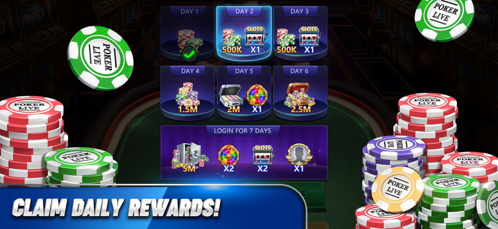 Schermata dei premi di accesso giornaliero in Poker Live che mostra gettoni e giri bonus.
